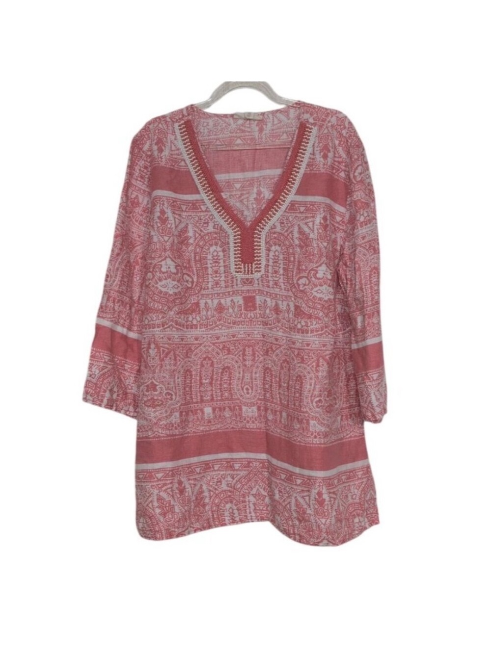 Charter Club Luxury Linen Beaded Tunic Womens Size Large Pink 3/4 Sleeves Shirt